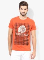 Jack & Jones Orange Printed Round Neck T-Shirt