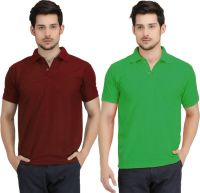 Krazy Katz Solid Men's Polo Neck Maroon, Light Green T-Shirt(Pack of 2)