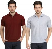Krazy Katz Solid Men's Polo Neck Maroon, Grey T-Shirt(Pack of 2)