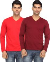 Leana Solid Men's V-neck Red, Maroon T-Shirt(Pack of 2)