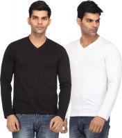 Leana Solid Men's V-neck Black, White T-Shirt(Pack of 2)
