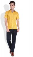 Park Avenue Men's Checkered Formal Linen Yellow Shirt