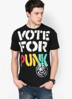 Punk Black Printed Round Neck T-Shirt