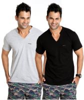 Rodid Solid Men's V-neck Grey, Black T-Shirt(Pack of 2)