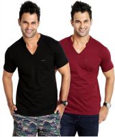 Rodid Solid Men's V-neck Black, Maroon T-Shirt(Pack of 2)