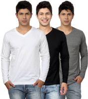 Top Notch Solid Men's V-neck White, Black, Grey T-Shirt(Pack of 3)