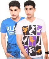 Zwizdot Printed Men's V-neck Blue, White T-Shirt(Pack of 2)