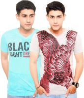 Zwizdot Printed Men's V-neck Light Blue, Grey T-Shirt(Pack of 2) Zwizdot Printed Men's V-neck Light Blue, Grey T-Shirt(Pack of 2)