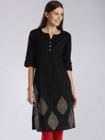 Anouk Printed Women's Straight Kurta(Black)