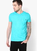 Breakbounce Aqua Blue Solid V Neck T-Shirts