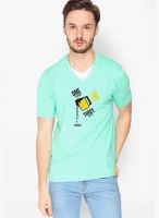 Campus Sutra Green Printed V Neck T-Shirt