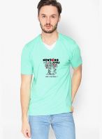 Campus Sutra Green Printed V Neck T-Shirt