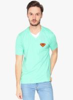 Campus Sutra Green Solid V Neck T-Shirt