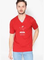 Campus Sutra Red Printed V Neck T-Shirt