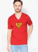 Campus Sutra Red Printed V Neck T-Shirt