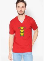 Campus Sutra Red Printed V Neck T-Shirt