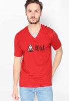 Campus Sutra Red Printed V Neck T-Shirt