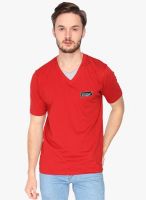 Campus Sutra Red Solid V Neck T-Shirt