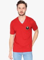 Campus Sutra Red Solid V Neck T-Shirt