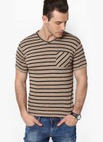 Cherymoya Brown Striped V Neck T-Shirts