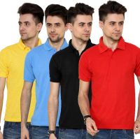 Grand Bear Solid Men's Polo Neck Black, Red, Blue, Yellow T-Shirt(Pack of 4)