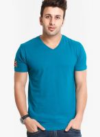 Gritstones Aqua Blue Solid V Neck T-Shirts