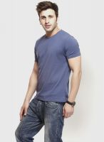 Gritstones Blue Solid V Neck T-Shirts