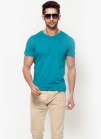 Gritstones Blue Solid V Neck T-Shirts