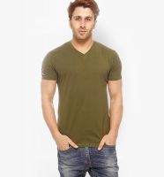 Gritstones Olive Solid V Neck T-Shirt