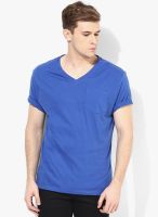 Incult Blue Solid V Neck T-Shirts