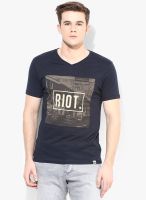 Incult Dark Blue V Neck T-Shirt With Riot Print