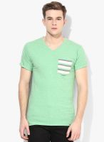 Incult Green Colored Striped V Neck T-Shirts
