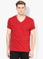 Incult Red Solid V Neck T-Shirts