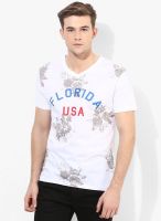 Incult White Floral V Neck T-Shirt With Florida Usa Print