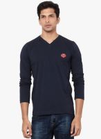 La Seven Navy Blue Solid V Neck T-Shirt