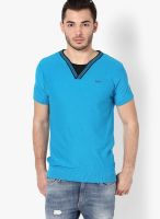 Mufti Blue Solid V Neck T-Shirts