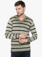 Mufti Olive Striped V Neck T-Shirt