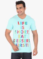 Radbone Light Blue Printed V Neck T-Shirt