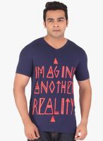 Radbone Navy Blue Printed V Neck T-Shirt