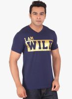 Radbone Navy Blue Printed V Neck T-Shirt
