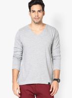 Rigo Grey Milange Solid V Neck T-Shirt