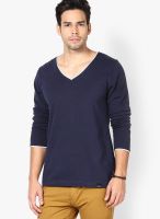 Rigo Navy Blue Solid V Neck T-Shirt