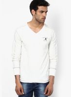 Riot Jeans Off White Solid V Neck T-Shirts