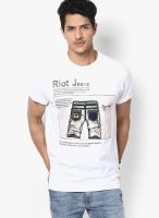 Riot Jeans White Printed Round Neck T-Shirts