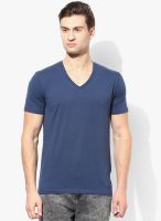 Selected Blue Solid V Neck T-Shirt