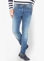 Slub Solid Blue Skinny Fit Jeans