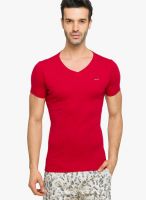 Status Quo Red Solid V Neck T-Shirts