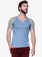 Tinted Blue Solid V Neck T-Shirt