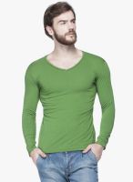 Tinted Green Solid V Neck T-Shirt