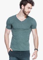 Tinted Green Solid V Neck T-Shirts